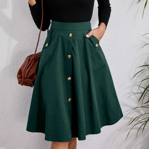 Classic Dark Green Button Detail Pocket Midi Skirt Work office - Picture 12 of 14